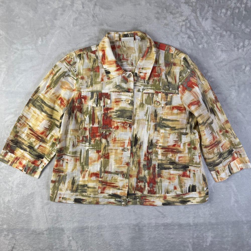 Chico's Lightweight Blazer Linen Blend Women's 3 XL Artistic Green Red Artsy